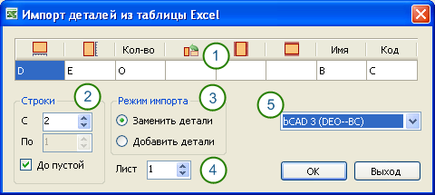 Окно «Импорт деталей из таблицы Excel».
